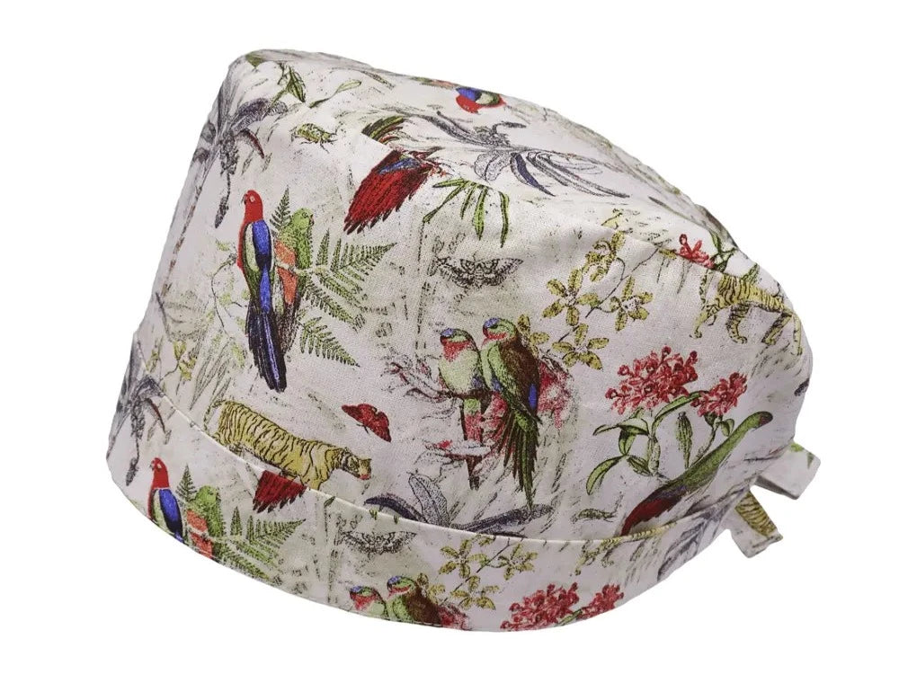 Lesleys OP-Haube für lange Haare Papagei - Stoff OP-Haube aus 100% Baumwolle
