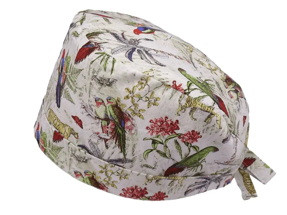 Lesleys OP-Haube für lange Haare Papagei - Stoff OP-Haube aus 100% Baumwolle
