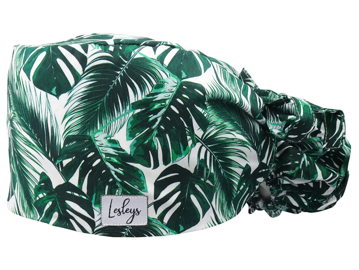 Stoff OP-Haube für lange Haare im Design - Dichte Palmblätter