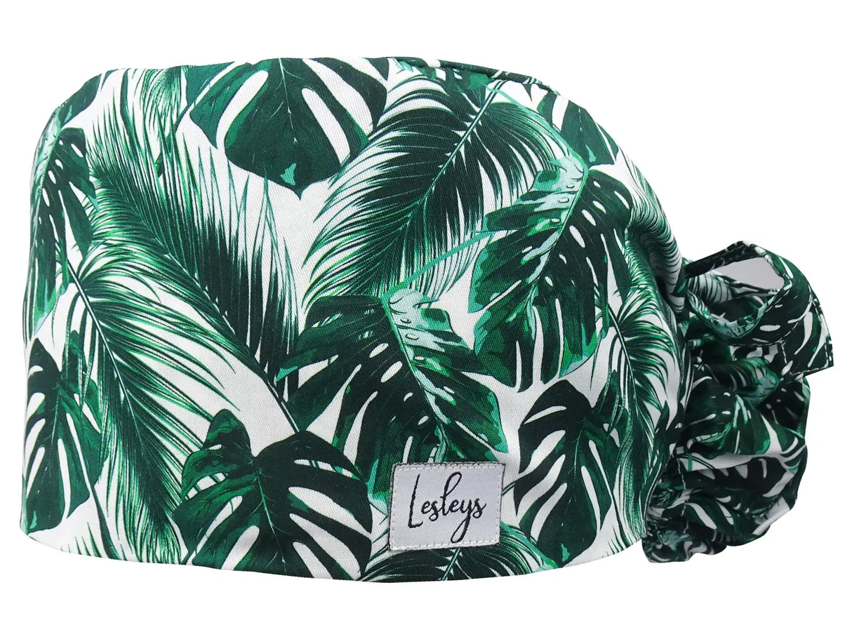 Stoff OP-Haube für lange Haare im Design - Dichte Palmblätter