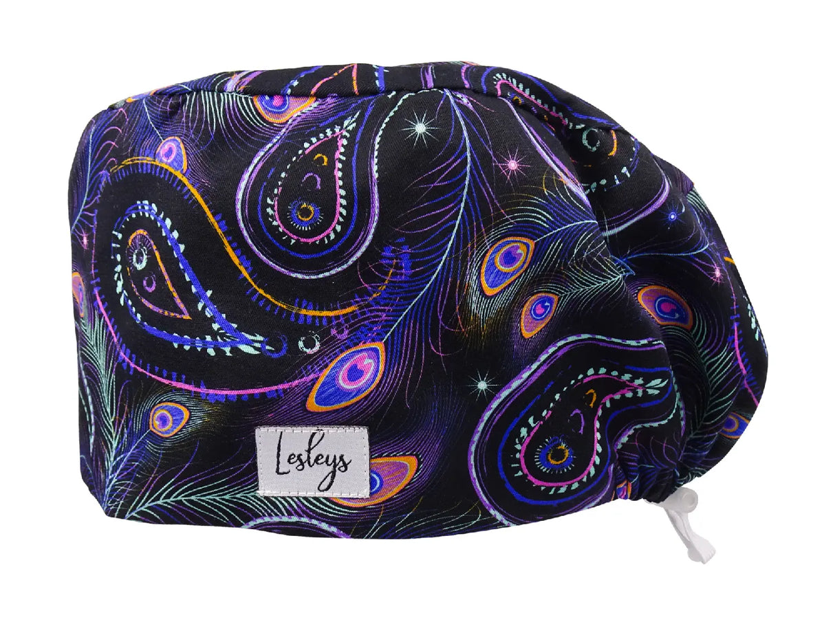 Pfauen Paisley - Stoff OP-Haube für langes Haar