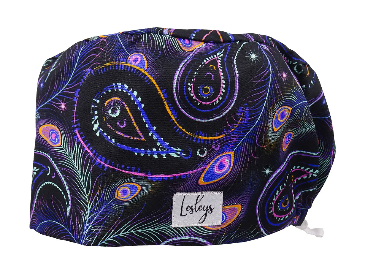 Pfauen Paisley - Stoff OP-Haube für langes Haar