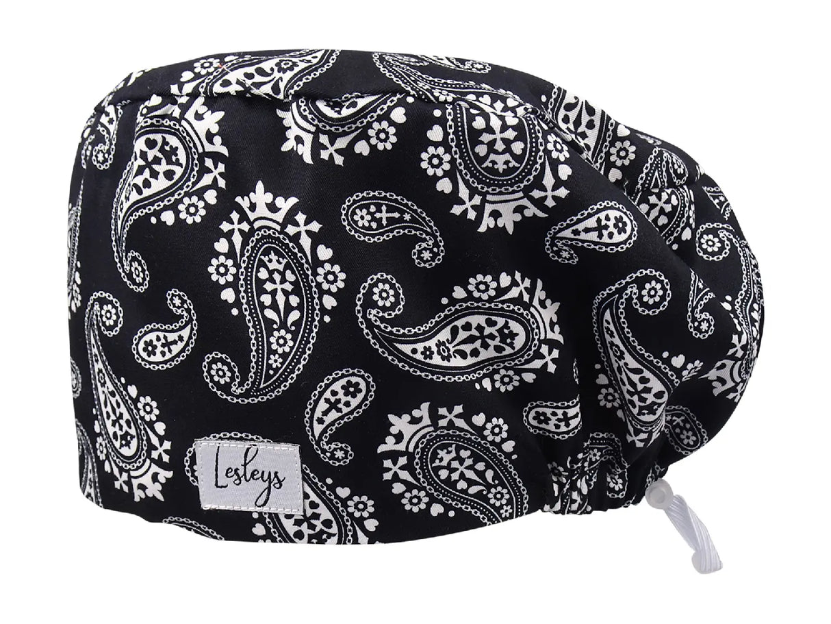 Schwarzes Paisley - Stoff OP-Haube für langes Haar