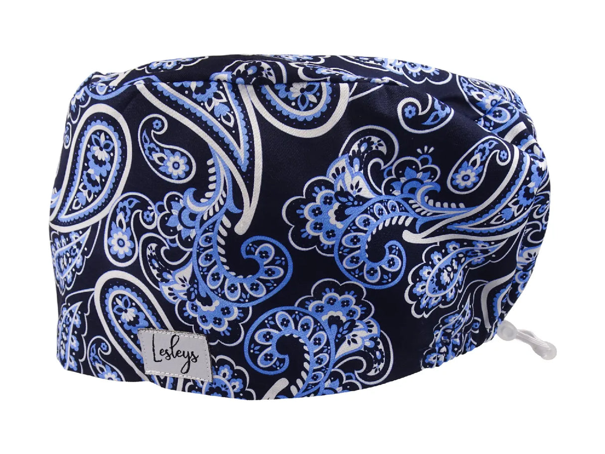 Blaues Paisley - Stoff OP-Haube für langes Haar