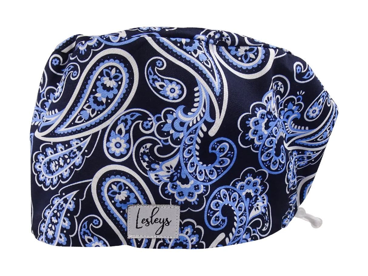 Blaues Paisley - Stoff OP-Haube für langes Haar