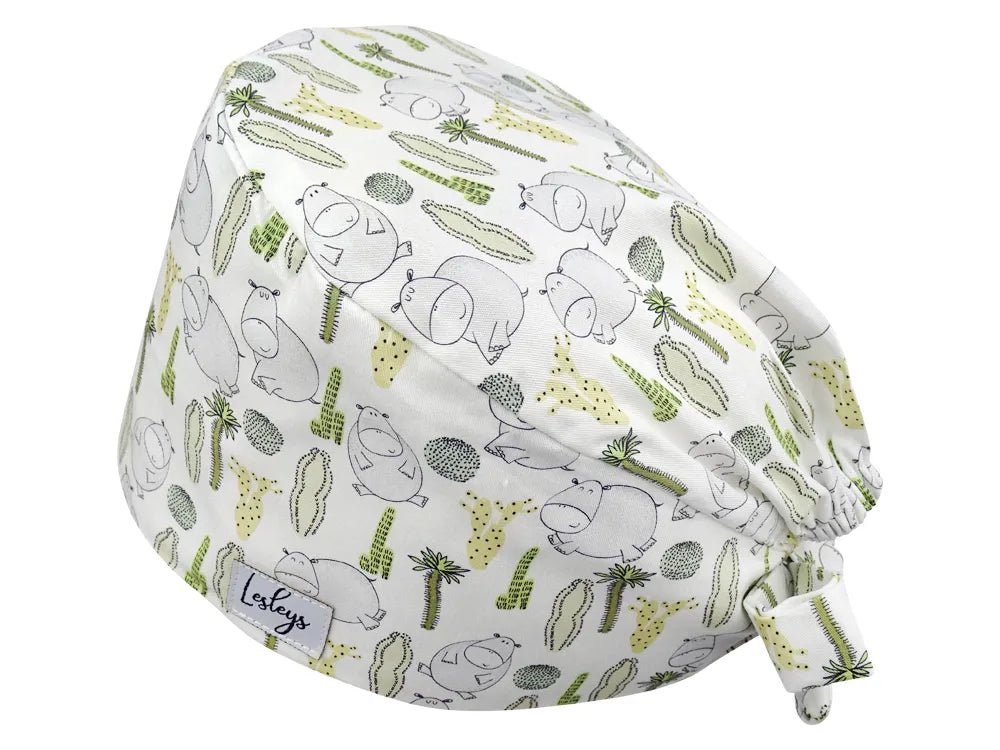 Stoff OP Haube aus Baumwolle Hippos. Bunte OP Mütze für Damen und Herren