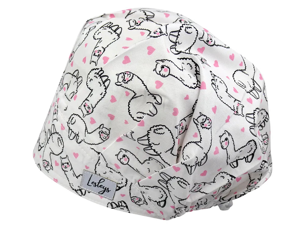 Stoff OP Haube aus Baumwolle Alpaka Farm. Bunte OP Mütze für Damen und Herren