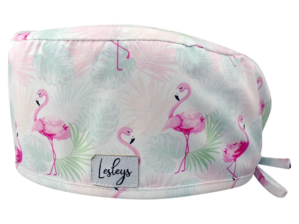 Stoff OP Haube aus Baumwolle Flamingo Sommer. Bunte OP Mütze für Damen und Herren