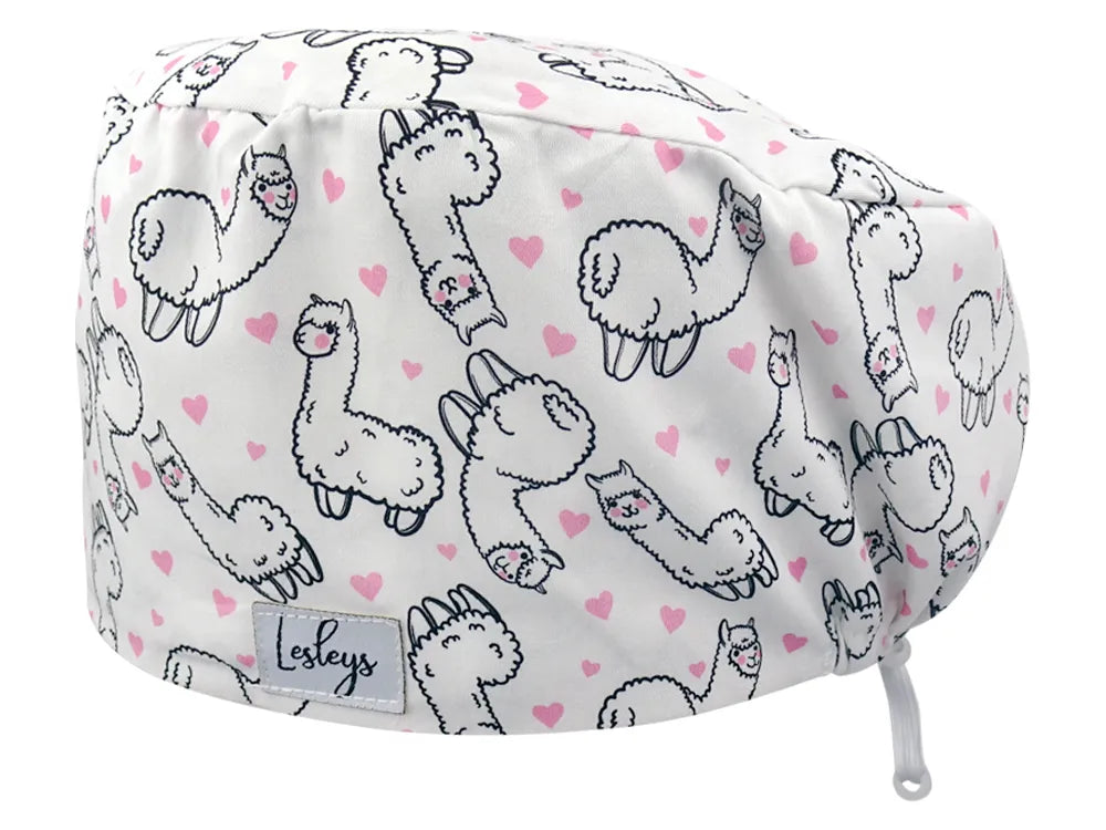 Stoff OP Haube aus Baumwolle Alpaka Farm. Bunte OP Mütze für Damen und Herren