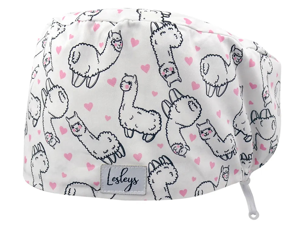 Stoff OP Haube aus Baumwolle Alpaka Farm. Bunte OP Mütze für Damen und Herren