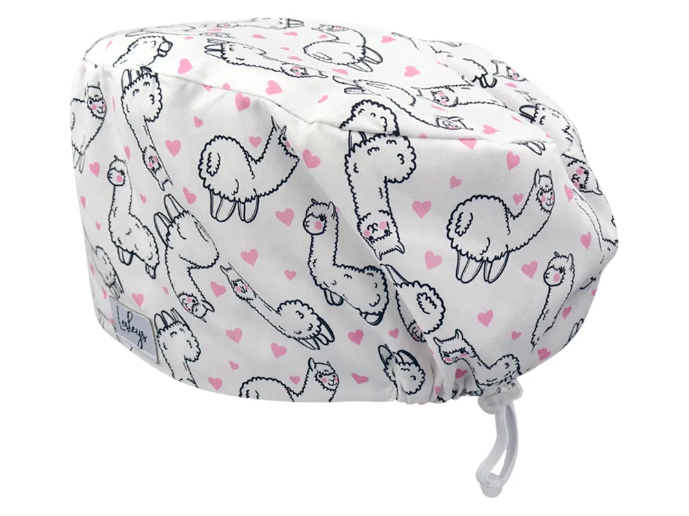 Stoff OP Haube aus Baumwolle Alpaka Farm. Bunte OP Mütze für Damen und Herren