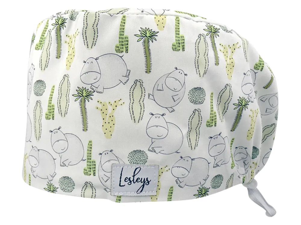 Stoff OP Haube aus Baumwolle Hippos. Bunte OP Mütze für Damen und Herren