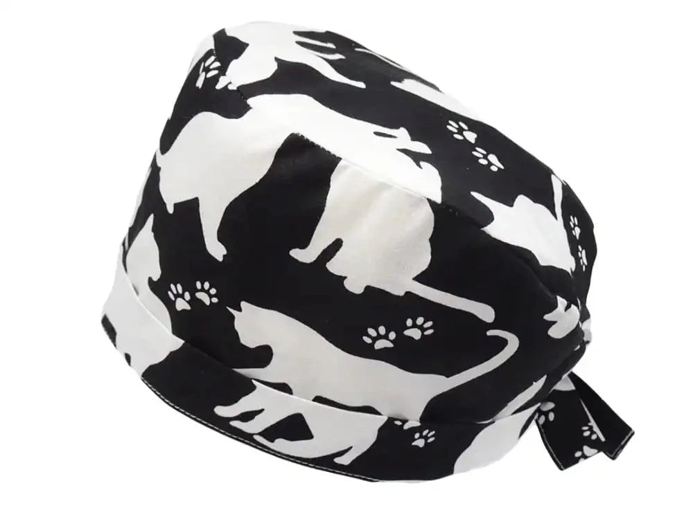 Lesleys OP-Haube für lange Haare Cats Schwarz - Stoff OP-Haube aus 100% Baumwolle