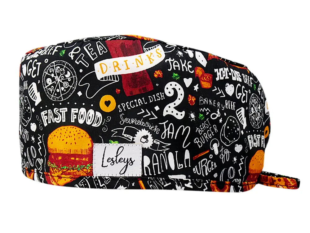 Stoff OP Haube aus Baumwolle Fast Food. Bunte OP Mütze für Damen und Herren