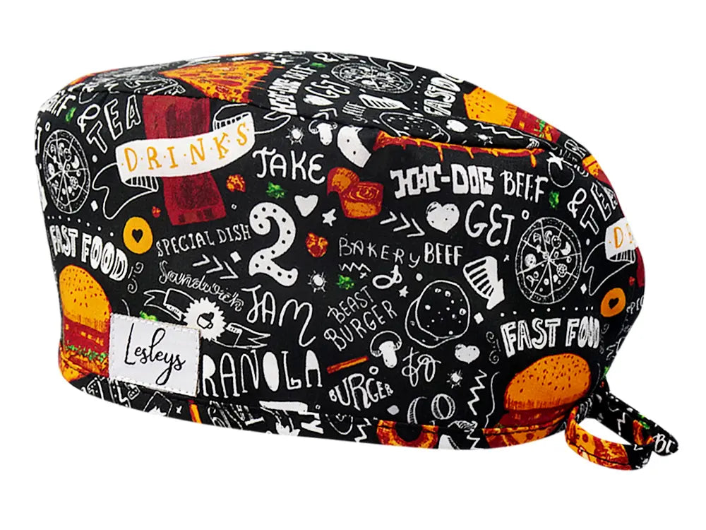 Stoff OP Haube aus Baumwolle Fast Food. Bunte OP Mütze für Damen und Herren