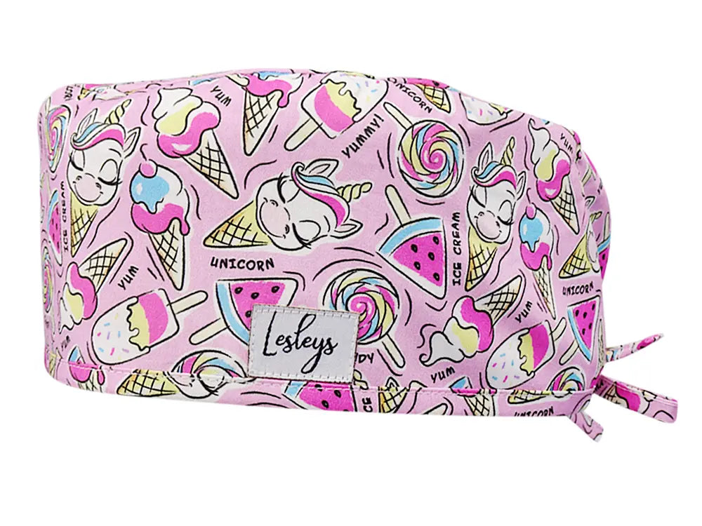 Stoff OP Haube aus Baumwolle Einhorn Eiskugel. Bunte OP Mütze für Damen und Herren