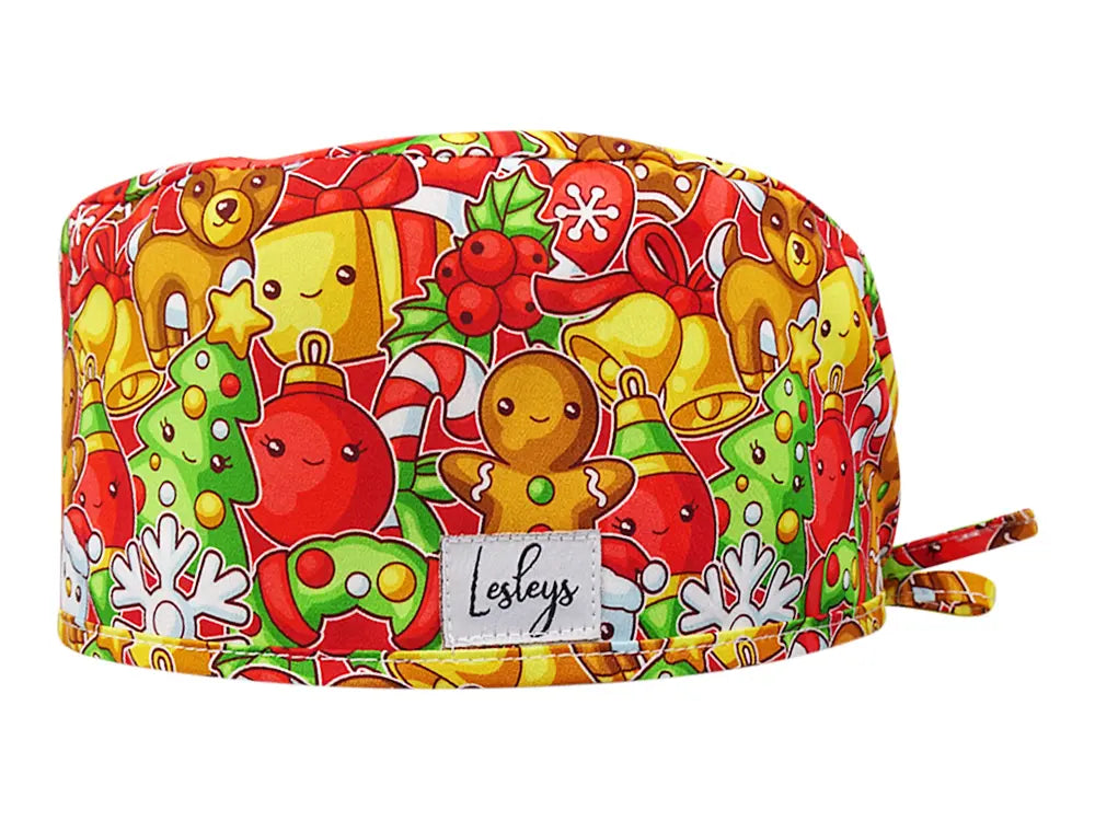 Stoff OP Haube aus Baumwolle Weihnachtsbaeckerei. Bunte OP Mütze für Damen und Herren