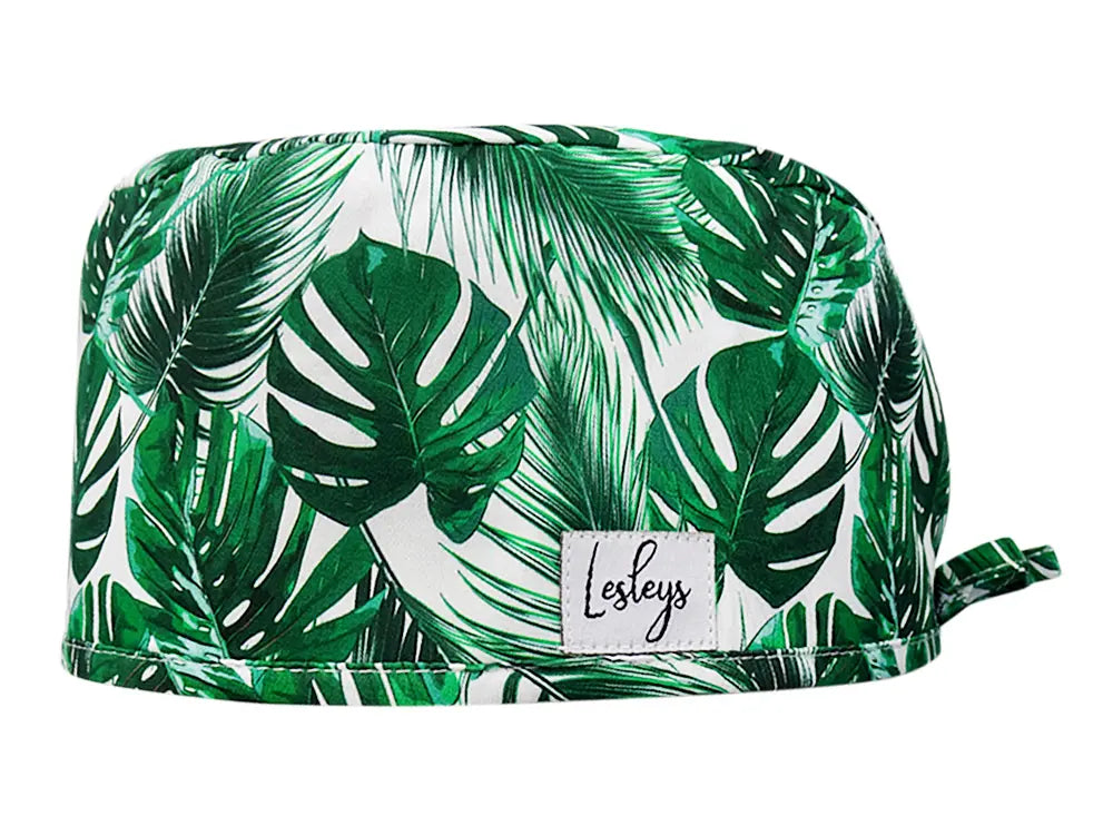 Stoff OP Haube aus Baumwolle Dichte Palmblätter. Bunte OP Mütze für Damen und Herren