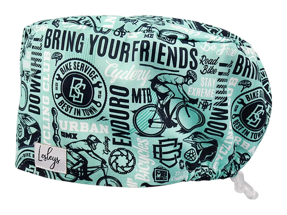 Stoff OP Haube aus Baumwolle Cyclery. Bunte OP Mütze für Damen und Herren