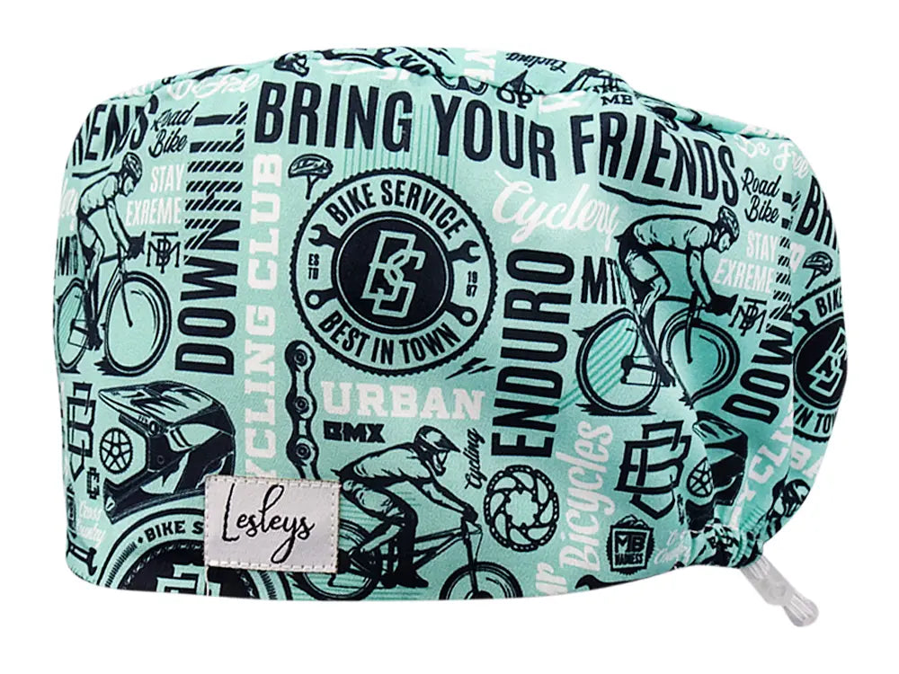 Stoff OP Haube aus Baumwolle Cyclery. Bunte OP Mütze für Damen und Herren