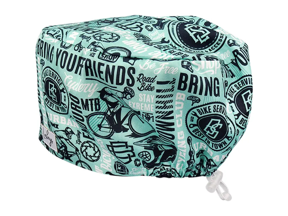 Stoff OP Haube aus Baumwolle Cyclery. Bunte OP Mütze für Damen und Herren