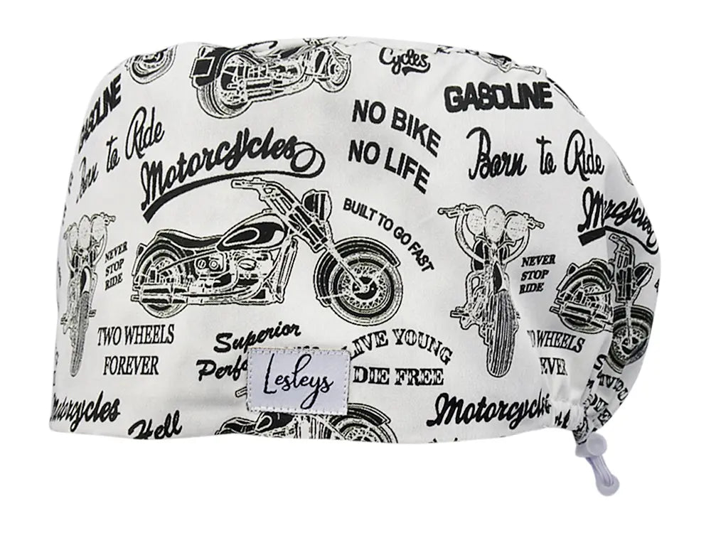 Stoff OP Haube aus Baumwolle Born to ride. Bunte OP Mütze für Damen und Herren