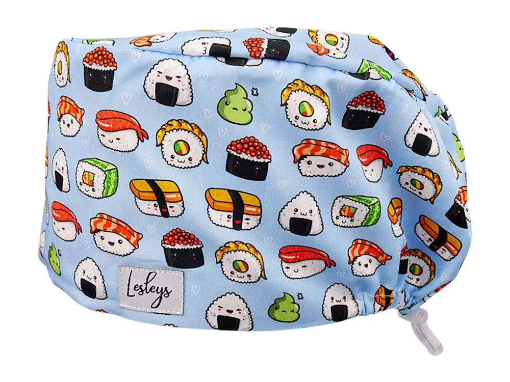 Stoff OP Haube aus Baumwolle Sushi. Bunte OP Mütze für Damen und Herren