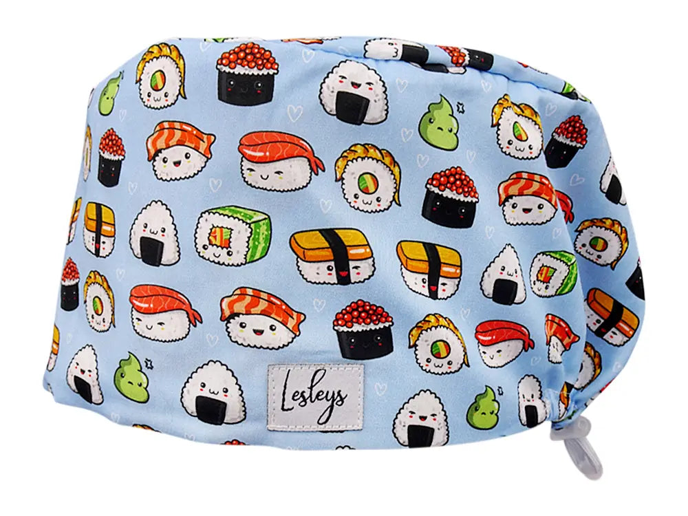 Stoff OP Haube aus Baumwolle Sushi. Bunte OP Mütze für Damen und Herren