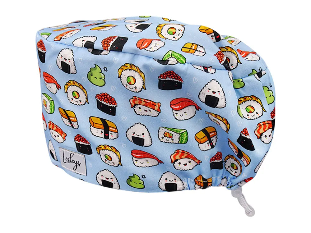 Stoff OP Haube aus Baumwolle Sushi. Bunte OP Mütze für Damen und Herren