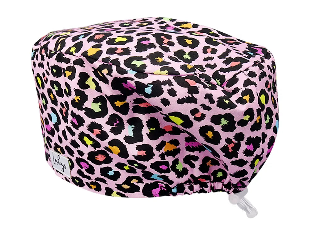 Stoff OP Haube aus Baumwolle Rosa Leopard. Bunte OP Mütze für Damen und Herren