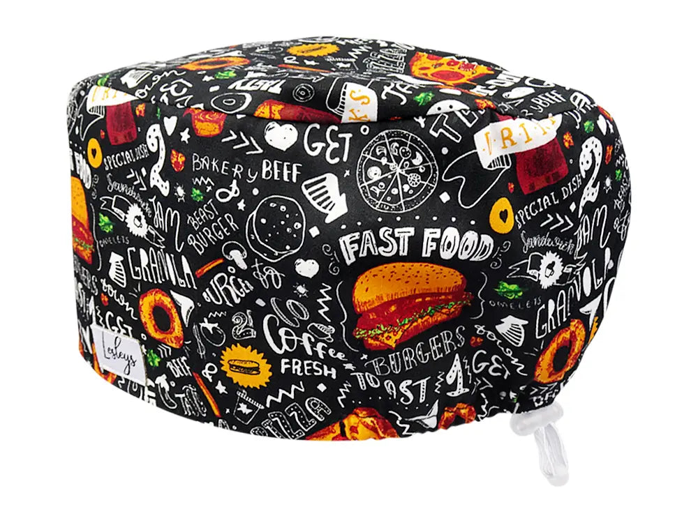 Stoff OP Haube aus Baumwolle Fast Food. Bunte OP Mütze für Damen und Herren