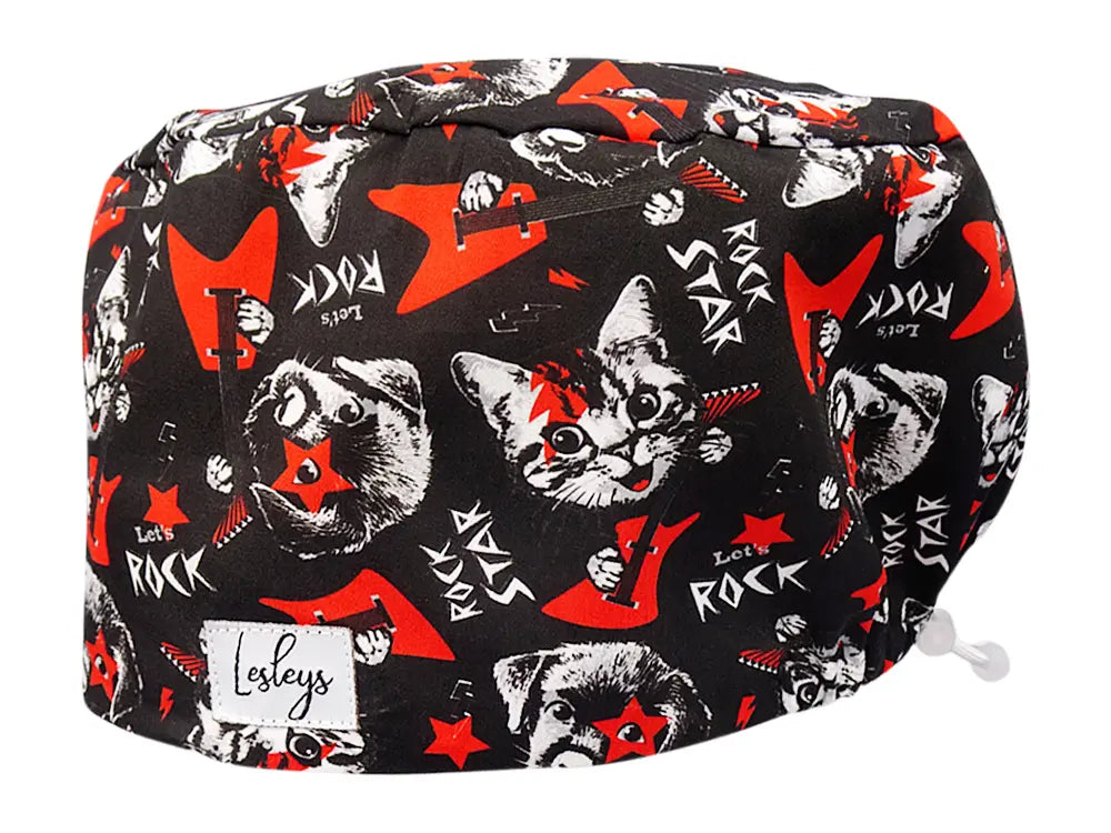 Stoff OP Haube aus Baumwolle Rockstar Pets. Bunte OP Mütze für Damen und Herren