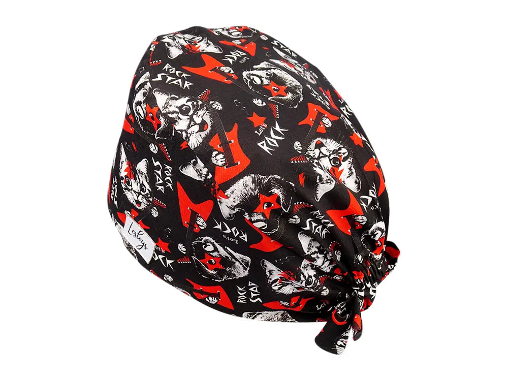 Stoff OP Haube aus Baumwolle Rockstar Pets. Bunte OP Mütze für Damen und Herren