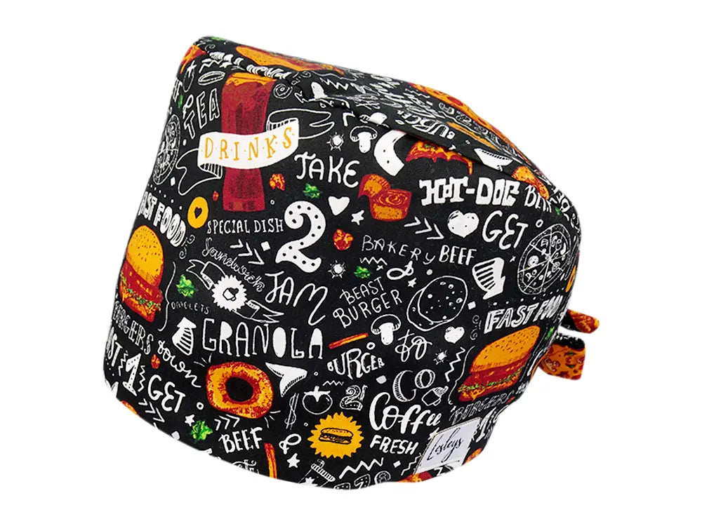 Stoff OP Haube aus Baumwolle Fast Food. Bunte OP Mütze für Damen und Herren