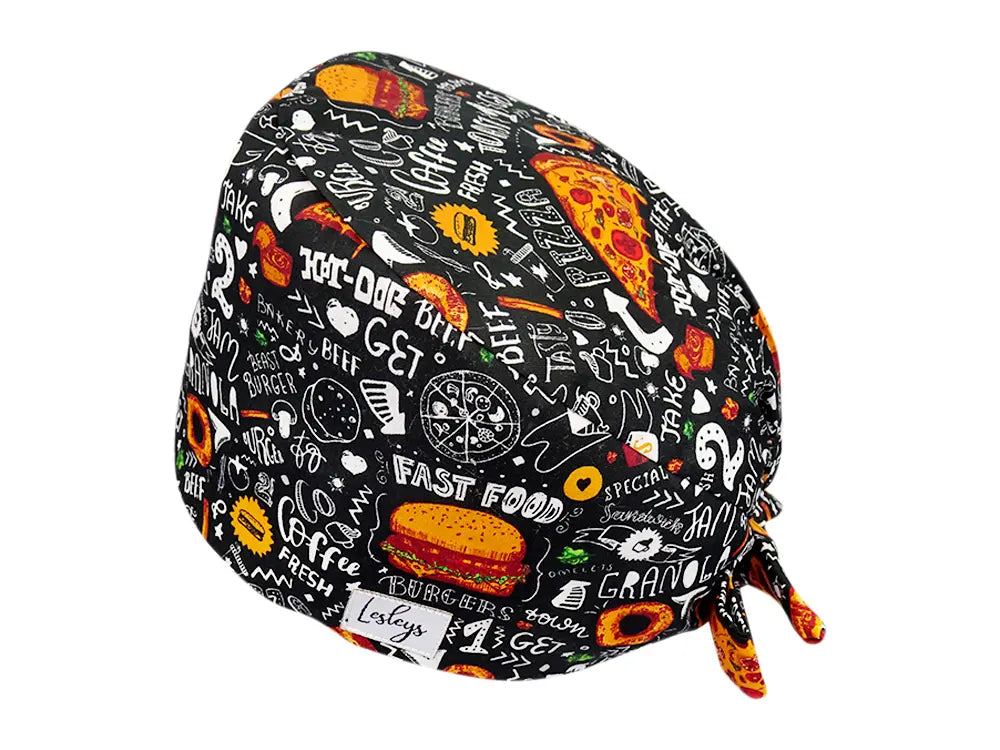 Stoff OP Haube aus Baumwolle Fast Food. Bunte OP Mütze für Damen und Herren