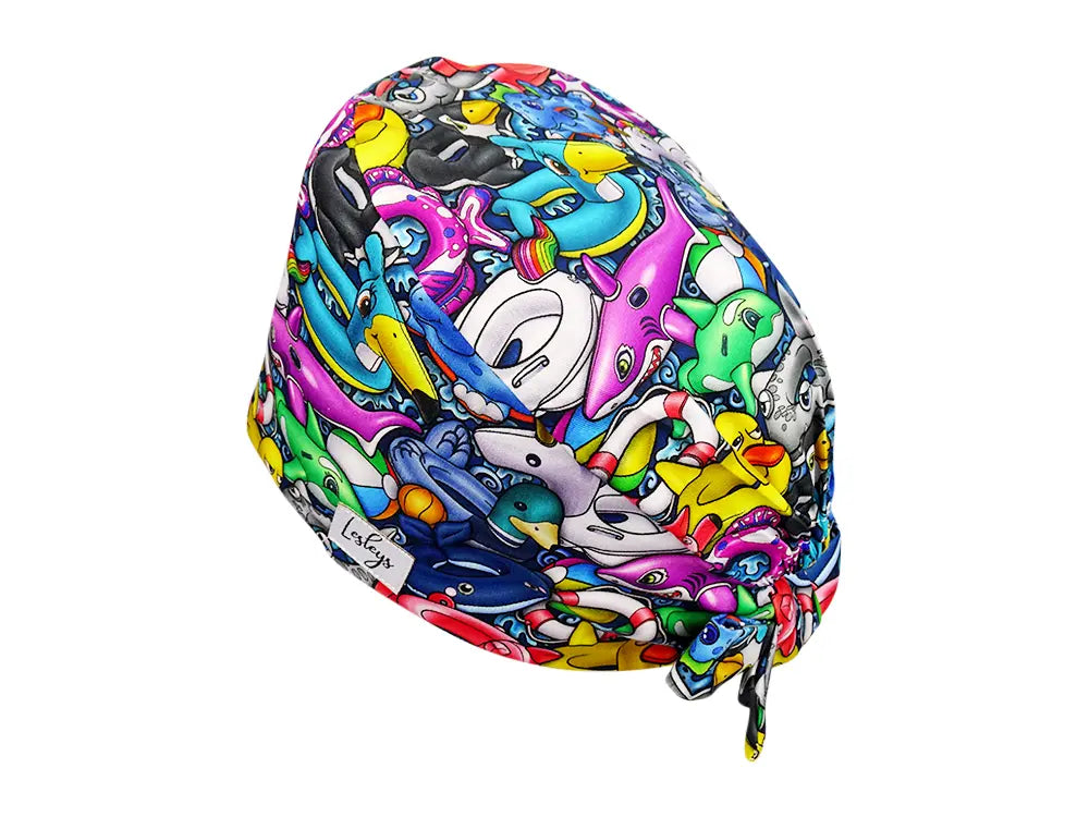 Stoff OP Haube aus Baumwolle Schwimmreifen. Bunte OP Mütze für Damen und Herren