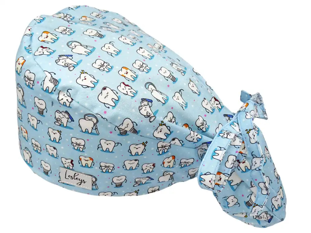 Ponytail Stoff OP-Haube Zähnchen Blau für lange Haare aus Baumwolle - Lesleys