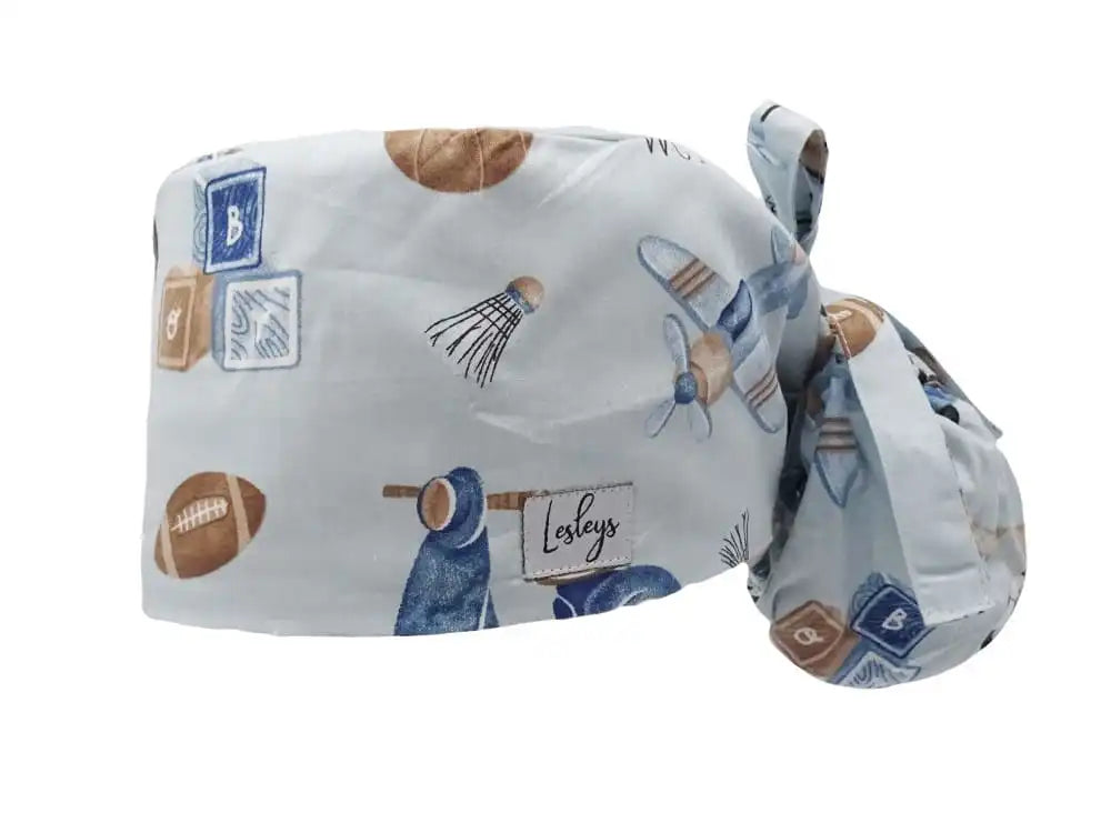 Ponytail Stoff OP-Haube Retro Toys Blau für lange Haare aus Baumwolle - Lesleys