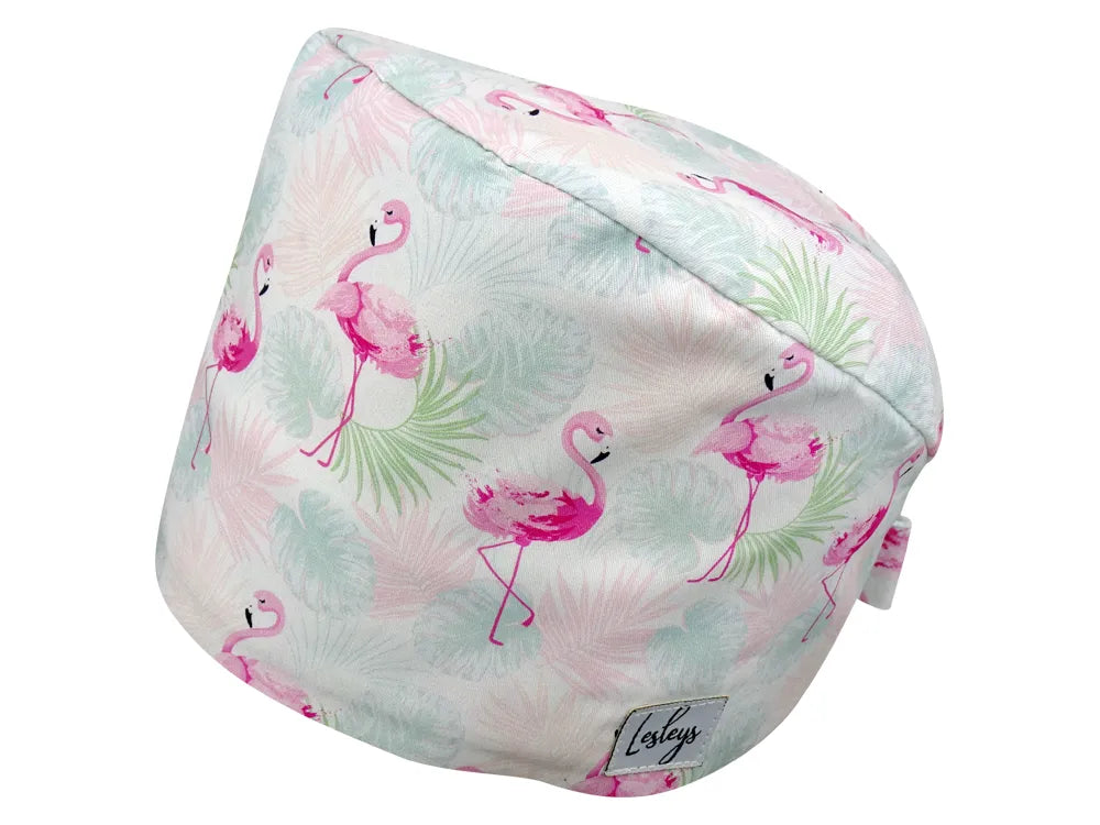 Stoff OP Haube aus Baumwolle Flamingo Sommer. Bunte OP Muetze fuer Damen und Herren