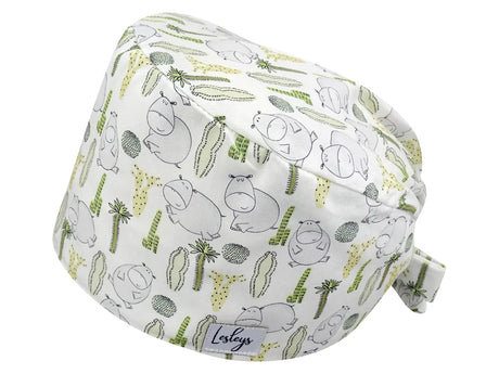 Stoff OP Haube aus Baumwolle Hippos. Bunte OP Muetze fuer Damen und Herren