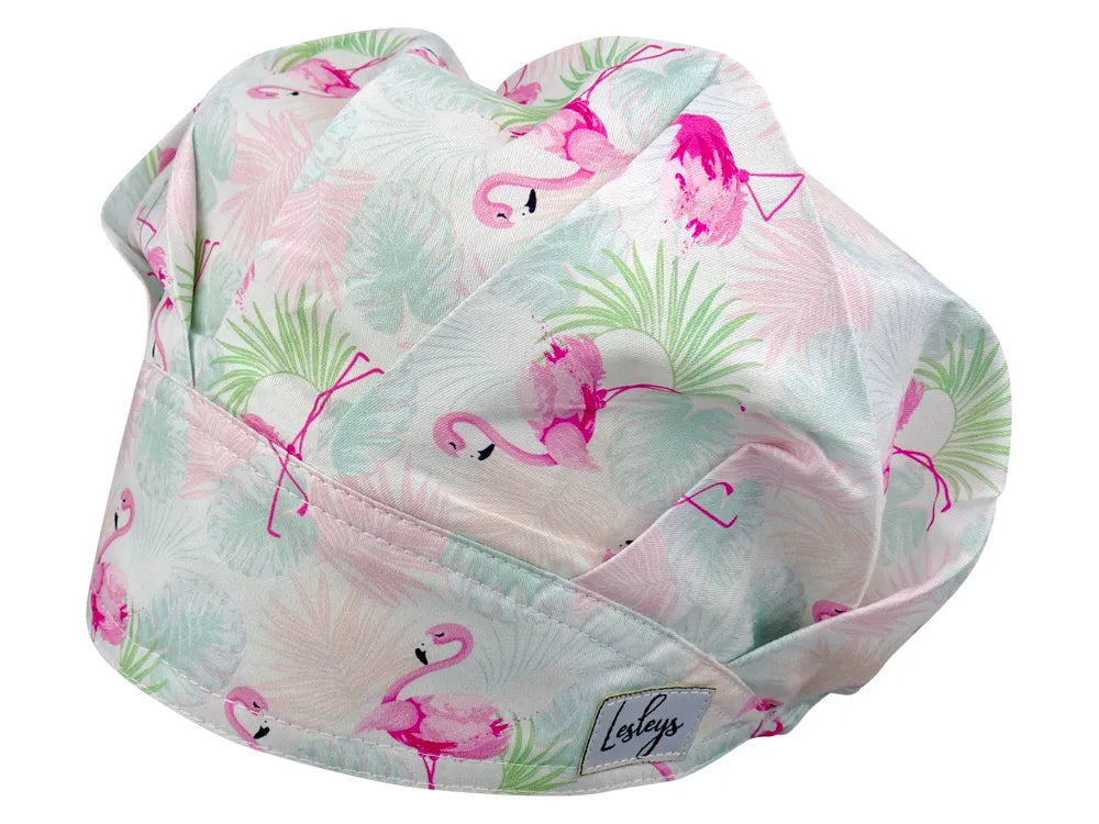 Stoff OP Haube aus Baumwolle Flamingo Sommer. Bunte OP Muetze fuer Damen und Herren