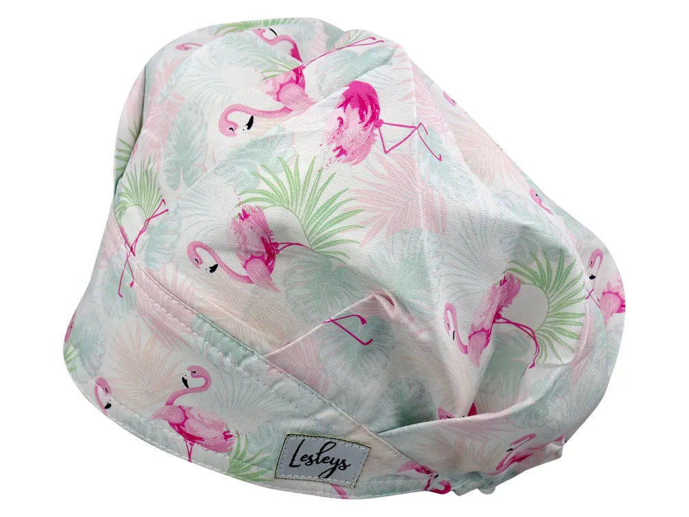 Stoff OP Haube aus Baumwolle Flamingo Sommer. Bunte OP Muetze fuer Damen und Herren