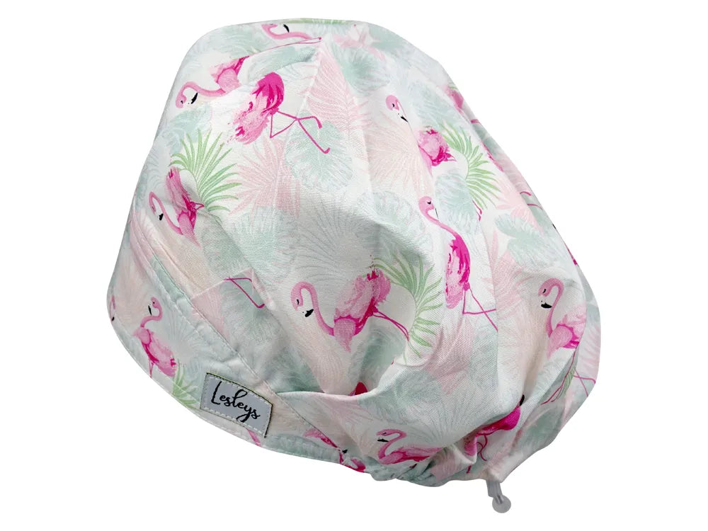 Stoff OP Haube aus Baumwolle Flamingo Sommer. Bunte OP Muetze fuer Damen und Herren