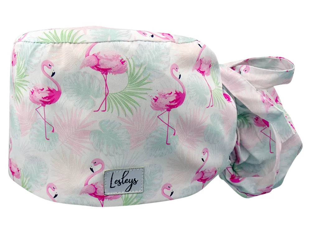 Stoff OP Haube aus Baumwolle Flamingo Sommer. Bunte OP Muetze fuer Damen und Herren