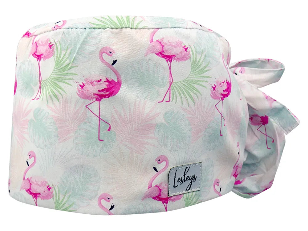 Stoff OP Haube aus Baumwolle Flamingo Sommer. Bunte OP Muetze fuer Damen und Herren