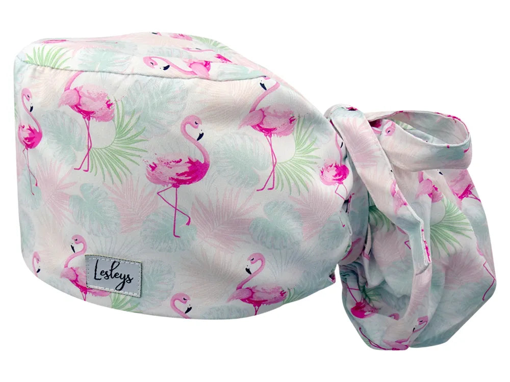 Stoff OP Haube aus Baumwolle Flamingo Sommer. Bunte OP Muetze fuer Damen und Herren