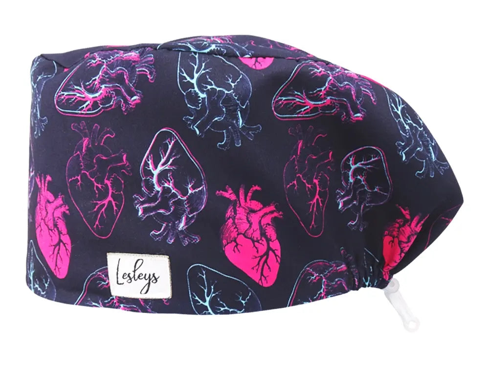 Komfort OP Haube Neon Herzen - OP-Haube aus Stoff für lange Haare