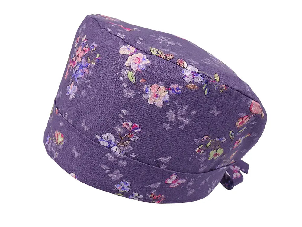 Lesleys OP-Haube für lange Haare Herzblume Lila - Stoff OP-Haube aus 100% Baumwolle