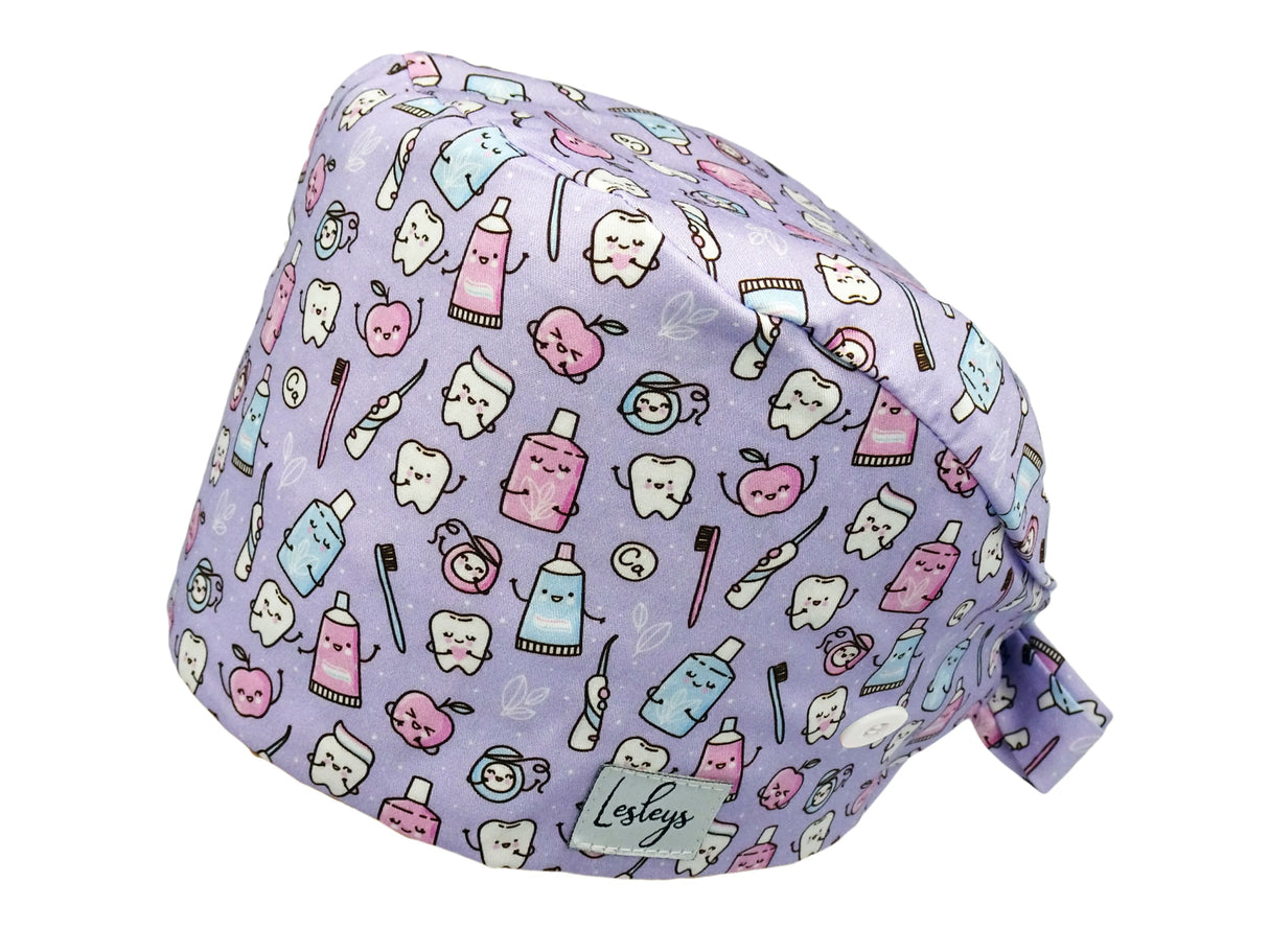 Bandana OP-Haube Happy Teeth Knoepfe Stoff OP-Haube aus Baumwolle fuer kurzes Haar