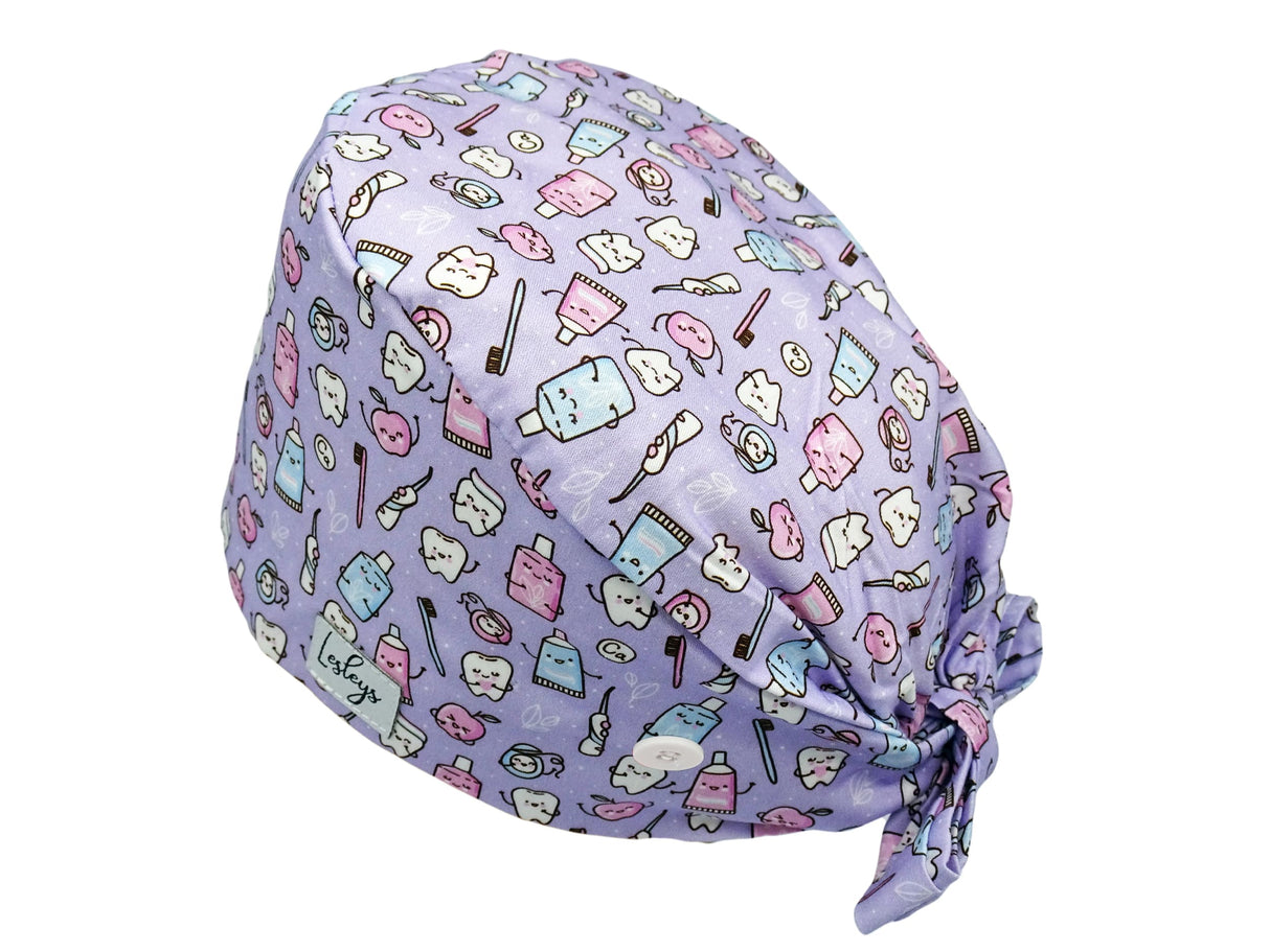 Bandana OP-Haube Happy Teeth Knoepfe Stoff OP-Haube aus Baumwolle fuer kurzes Haar